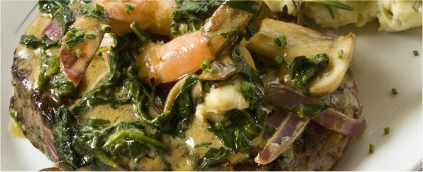 Ribeye steak with Mushroom, Spinach & Shrimp Sauce-lk