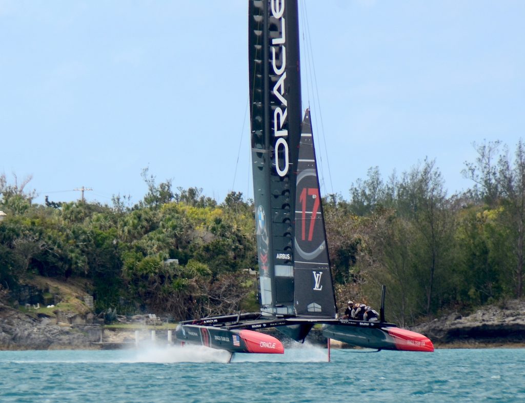 Getting ready for the America's Cup. AC Class Oracle Team USA tuning on Bermuda's Great Sound. Credit Talbot Wilson- The Royal Gazette