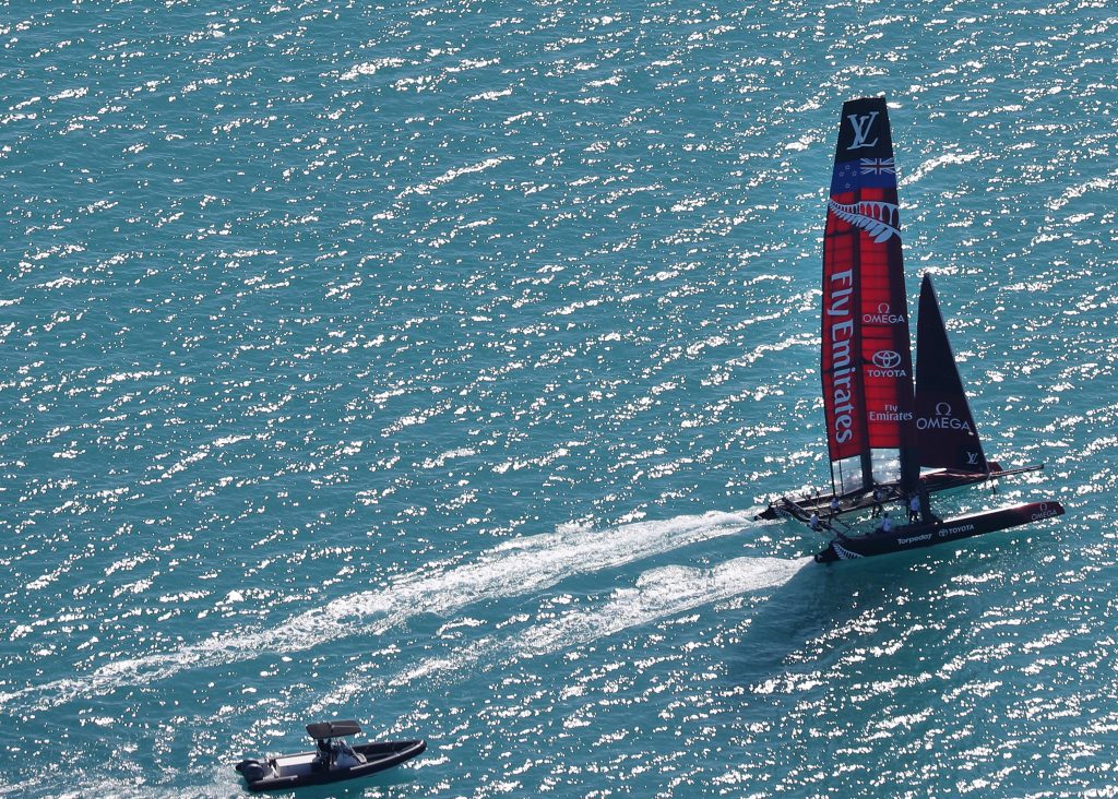 Team New Zealand ripping through the sound during training in peparation of the 35th Americas Cup (Photograph by Blaire Simmons)